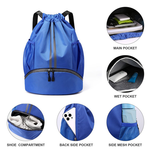 Mochila Esportiva Com Cordão, Bolsos De Malha E