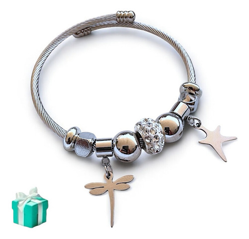 Bracelete Feminino Aço Inox Cirúrgico Cor Prata Berloque