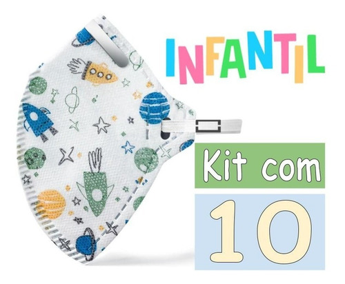 Imagem 1 de 1 de Kit 10 Unidades Máscaras Infantil Estampa Foguetes Pff2 N95