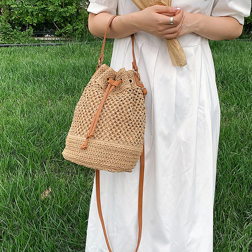 Bolso De Hombro Straw Bucket Bag Con Cordón Para Mujer