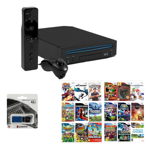 Nintendo Wii 64 Gb 1 Control+ Nunchuk Y 20 Juegos! Negro (Reacondicionado)