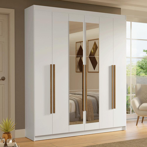 Guarda-roupa Casal 6 Portas C/ Espelho Bbr Saturno Madesa Cor Branco/branco/rustic