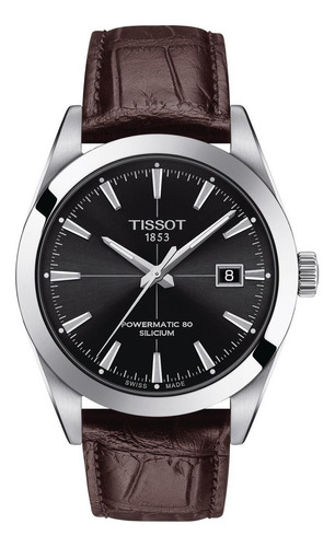 Reloj Tissot T127.407.16.051.01 Powermatic 80, correa de silicona, color marrón oscuro, color del bisel, color plateado, color de fondo negro
