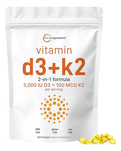 Vitamina D3 + K2 Mk 5000iu 100mcg 300 Capsulas Blandas Usa