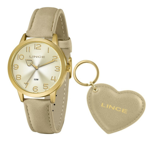 Relogio Lince Feminino Dourado Couro Bege +chaveiro Original Cor da correia Off white