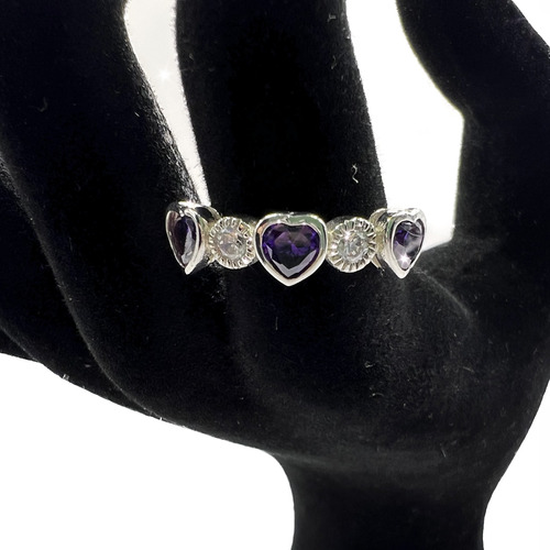 Anillo De Plata Fina 925 Con Circones Y Diseño Corazones