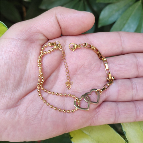 Imagen 2 de 8 de Pulsera De Tobillo Mujer Corazón Doble De Acero Dorado Pie