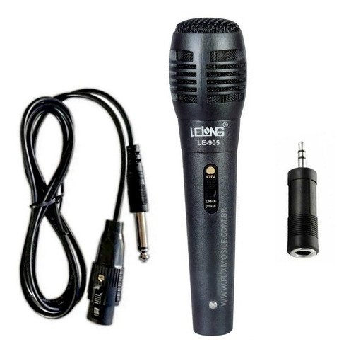 Microfone Com Fio 2.5 Metros P/ Karaokê + Cabo Aux. P2 E P10 Cor Preto
