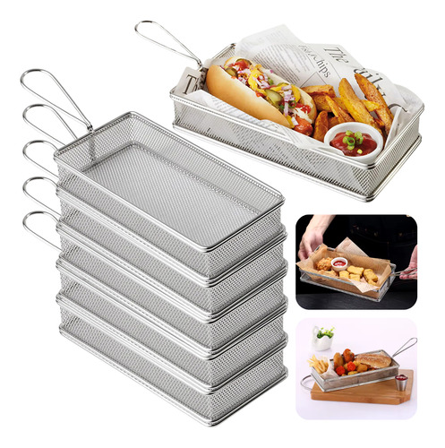 6 Cesta Para Servir Porções Aço Inox Retangular 25x13x4,3 Cm