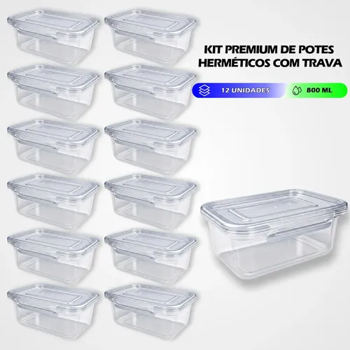 Getaplast Kit 12 Marmitas 800ml Potes Trava lateral freezer microonda