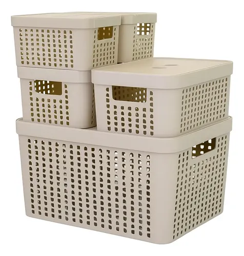 Kit 5 Caixas Organizadoras 2l 4,5l 17l Com Tampa Multiuso Cor Bege