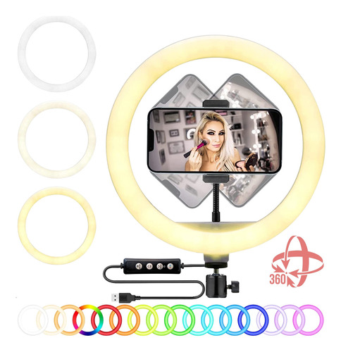 Aro De Luz Led Rgb 10 Pulgadas 26 Centímetros Alimentación Usb Con Base Y Soporte Para Celular Fotografía E Iluminación Transmisiones En Vivo