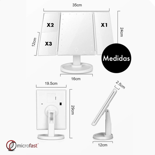 Imagen 8 de 10 de Espejo Táctil 180º 22 Luces Led Aumento Plegable Maquillaje