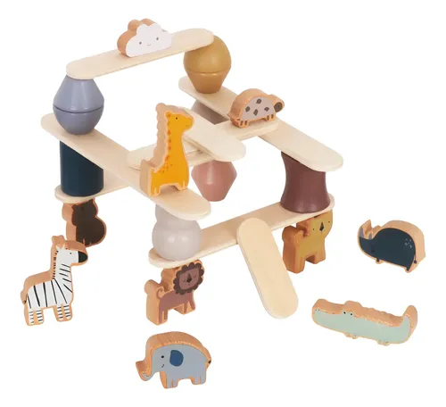 Small Foot Juego De Apilar Safari – 7 Animales De Madera Para Apilar Y Equilibrar, Juguete Educativo A Partir De 2 Años, Hecho En Alemania