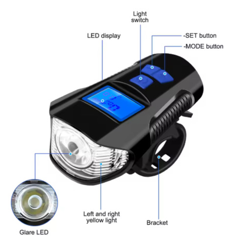 Luz Bicicleta Velocimetro Bocina Recargable Usb Lluvia Negro