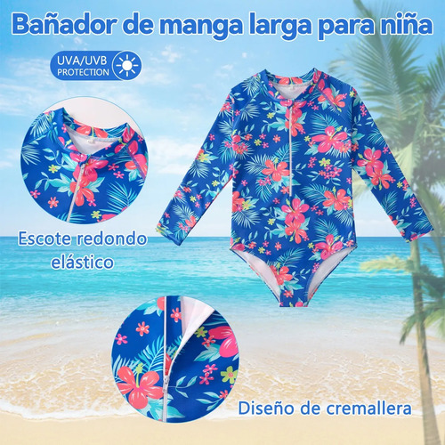 Traje De Baño Niñas Manga Larga Estampado Uv Playa