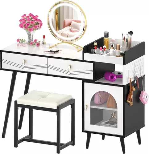 Escritorio de maquillaje con espejo y luces, bonita mesa de maquillaje,  pequeña mesa de tocador para dormitorio con mucho almacenamiento, 3 modos  de
