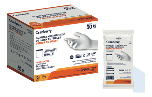 Guante Esteril Cranberry Tallas 6,5 - 7. Caja 50 Pares