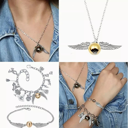 Juego De 4pzs De Joyas De Harry Potter Collar+pulsera Snitch