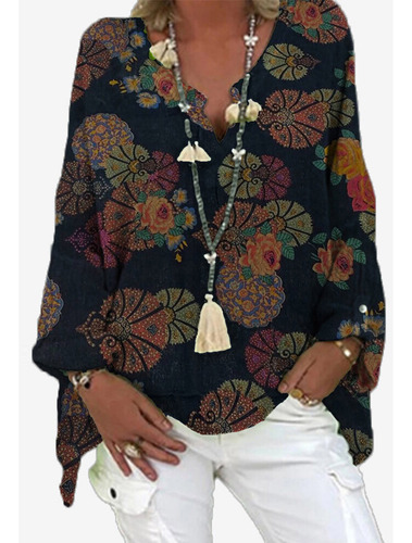 Blusa H Para Mujer, Talla Grande, Cuello En V, Estampado De
