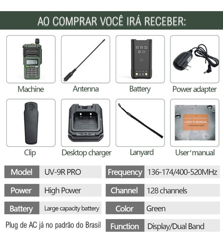 Imagem 10 de 10 de Rádio Baofeng Uv-9r Pro Uhf Vhf Ip68 10w Uv 9r Verde Miltar