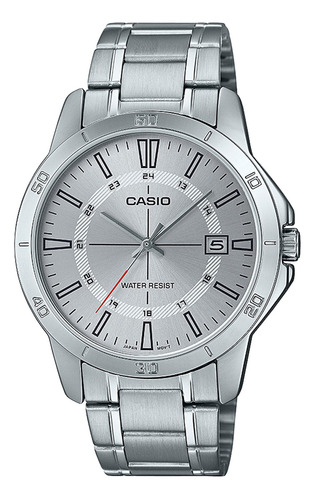 Reloj pulsera Casio MTP-V004D-7CUDF, analógico, para hombre, fondo plateado, con correa de acero inoxidable color plateado, dial plateado, bisel color plateado y desplegable