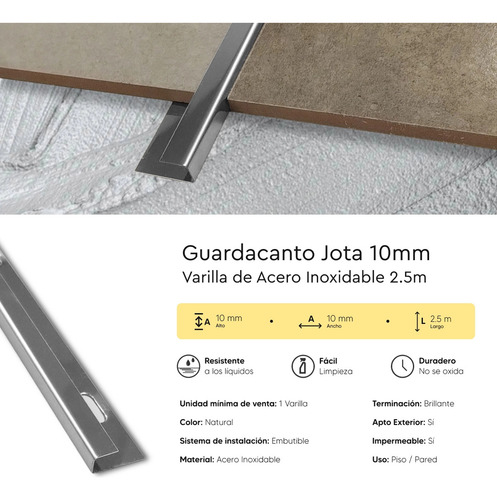 Angulo Guardacanto Perfil J Frigg Inox Porcelanato 10mm 2,5m