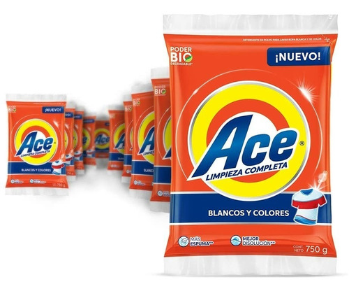 Detergente En Polvo Ace Limpieza Completa 10 Piezas 750g C/u