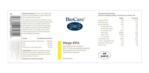 Imagen 2 de 7 de Biocare Omega 3 Mega Epa 90 Cap Cerebro Salud Cardiovascular