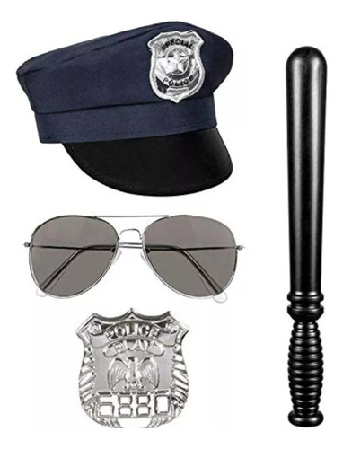 Set Policia  Gorro Cachiporra Lentes Placa Esposas Cotillon