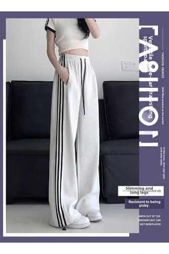 Pantalones Deportivos Anchos A Rayas Grises For Mujer, Pant