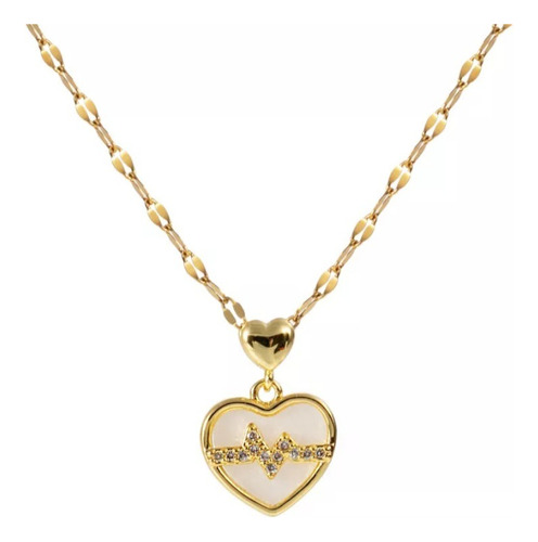 Collar De Mujer Corazón Nacarado, Acero 50cm Bañado Oro 18k