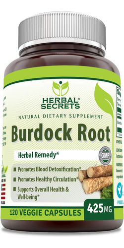 Herbal Secrets Burdock Root Raíz De Bardana 425mg 120 Cáps Sabor Sin Sabor