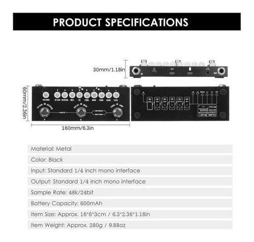 Pedal De Guitarra Elétrica De Efeito Multifuncional Cor Preto