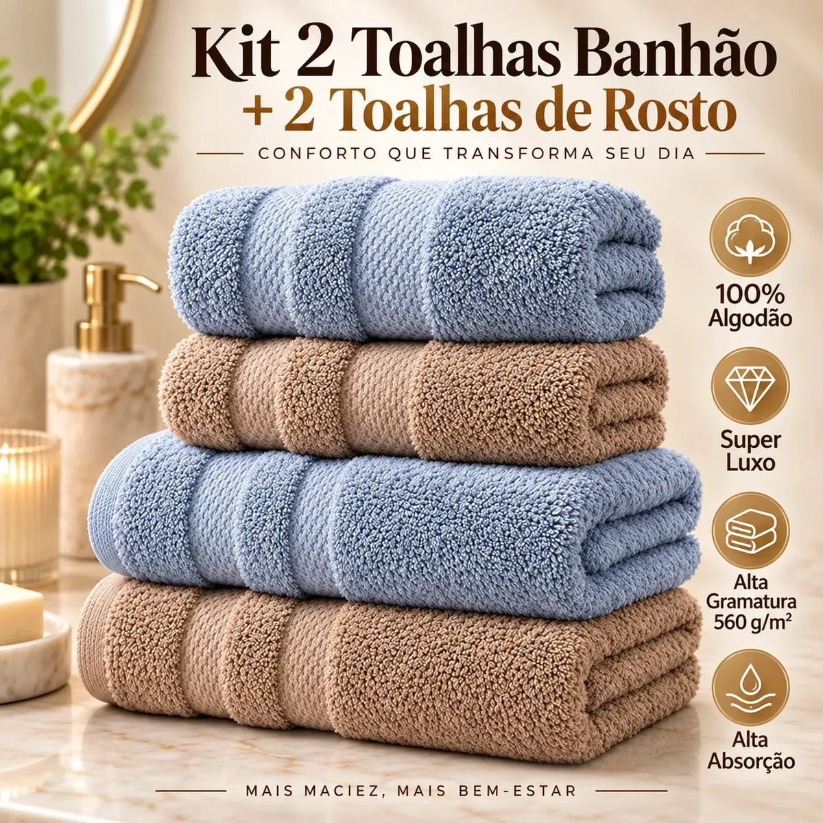 Kit Jogo 4 Tolhas Banhão e Rosto Toalha Banho Banheiro Chuveiro 100% Algodão Grande Luxo Gigante Enxuga Praia Piscina Secagem Lavabo Viagem Super Absorvente Hotel Pousada Atacado