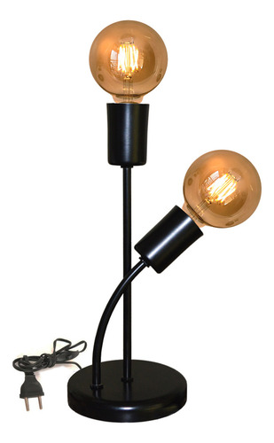 Abajur Luminária De Mesa com 02 Hastes - Design Moderno Ideal para Sala, Quarto, Cúpula Preto