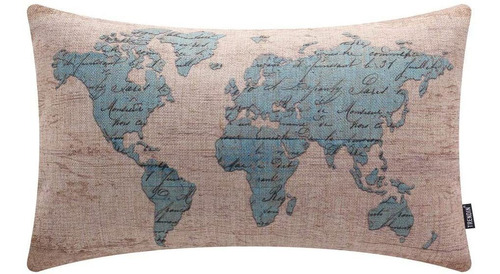 Funda De Almohada Lumbar De Mapa Del Mundo Azul De Gran...