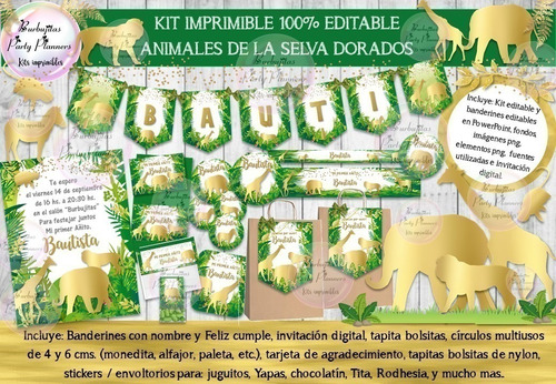 Kit Imprimible Animales De La Selva Dorados 100% Editable
