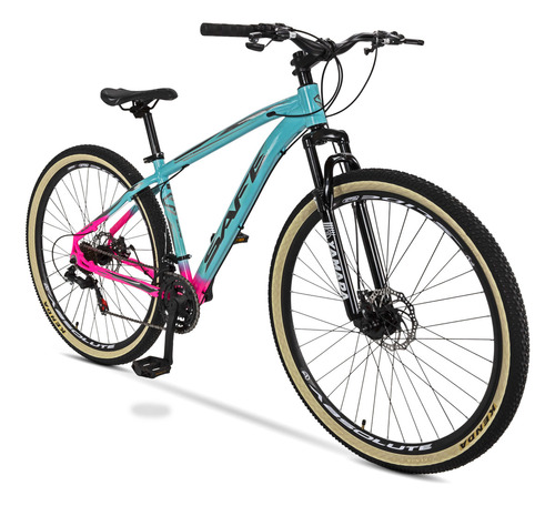 Bicicleta 29 Mtb Safe Alumínio 21 V Freio À Disco Suspensão Cor Azul Tiffany + Rosa Chiclete Tamanho Do Quadro 15,5