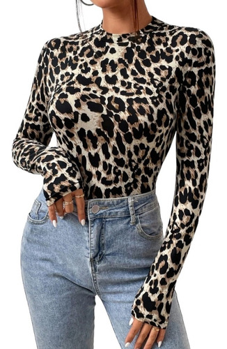 Body De Manga Larga Body Mujer Animal Print Elegante Bodys 