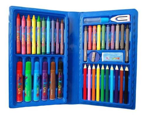 Estojo Infantil Escolar Maleta Azul + Desenhos Pintar 48p Cor Colorido
