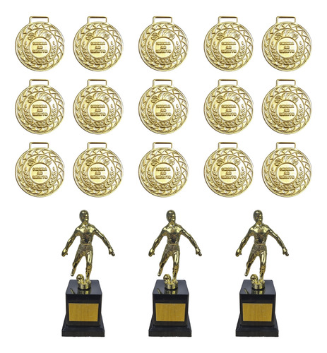 Kit C/15 Medalhas Ouro M36+3 Troféus Jogador Artilheiro Ouro