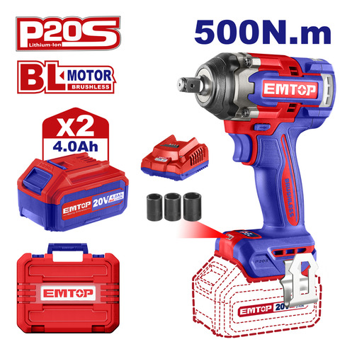 Kit Llave De Impacto Inalámbrico 1/2 Brushless Emtop 500nm Rojo/azul