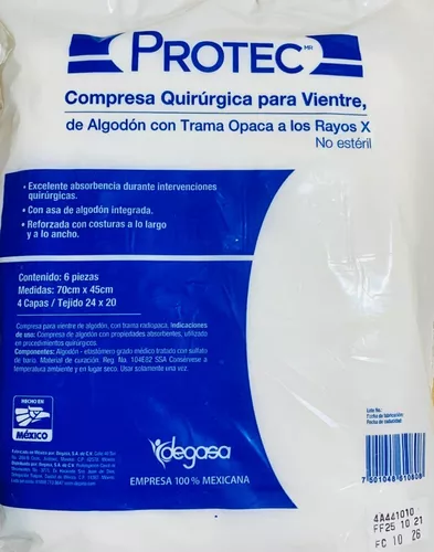 Compresas. Para vientre. De algodón con trama radiopaca. Longitud: 70 cm.  Ancho: 45 cm. Envase con 6 piezas. - Heka – Insumos Medicos