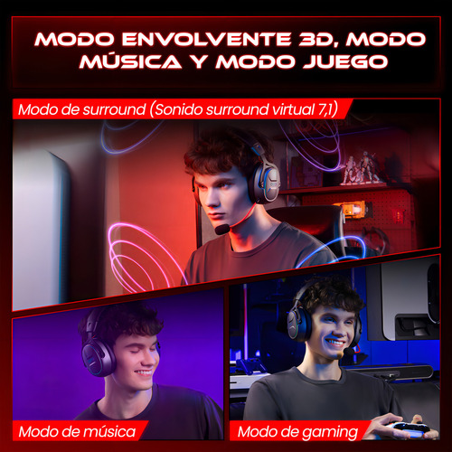 Audífonos Gamer Para Inalámbricos con Micrófono De Cancelación De Ruido Sonido Envolvente Virtual 7.1, 2.4g De Baja Latencia Con Conector Usb Y Type-c, Bluetooth 5.3 Para Pc, Consola Oxs G2 Negro