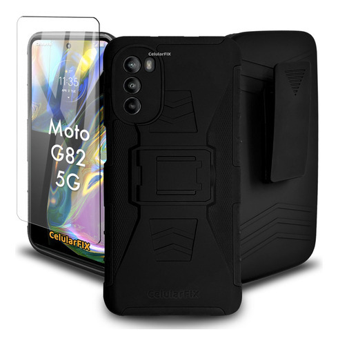 Funda Protector P/ Motorola G82 5g, Uso Rudo Clip C/ Cristal Color Negro Moto G82 (5G)