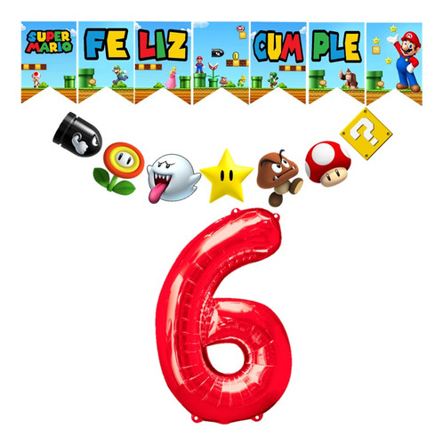 Combo Kit Banderín Feliz Cumple Mario Bros + Número 70cm X1