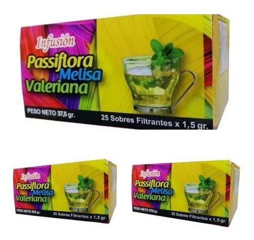 3 Cajas De Te Melisa Pasiflora Valeriana 25 Bol C/u