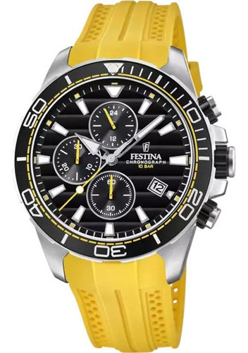 Reloj de pulsera Festina The Originals F20370 de cuerpo color plata, analógico, para hombre, fondo negro, con correa de goma color amarillo, agujas color blanco, gris y amarillo, dial blanco y gris, subesferas color negro y gris, minutero/segundero blanco, bisel color negro y plata y hebilla simple