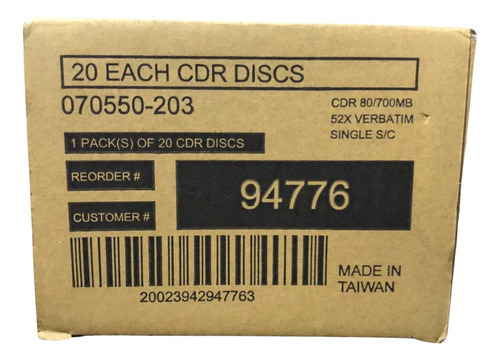 Disco Virgen Verbatim 94776 Para Cd Cd-r 52x Caja 20pz